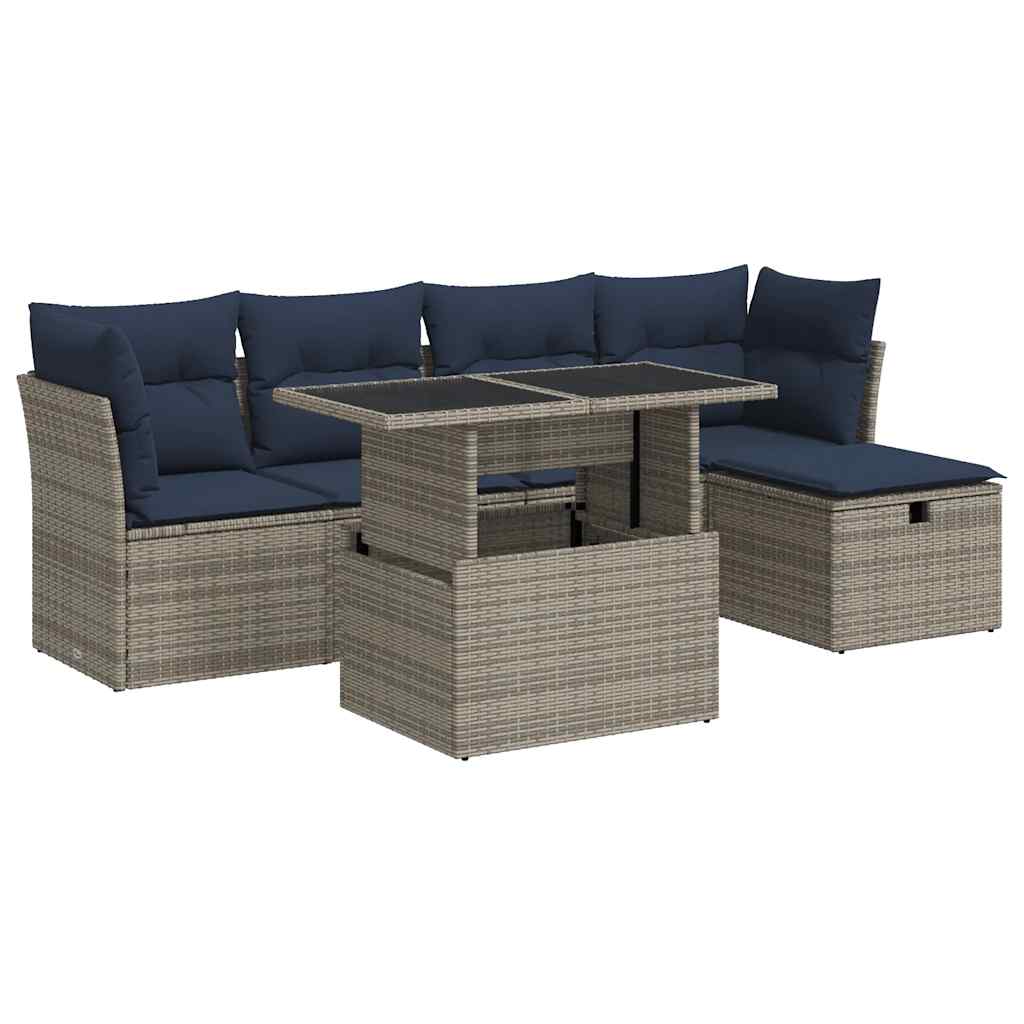 6-tlg. Garten-Sofagarnitur mit Kissen Grau Poly Rattan Akazie