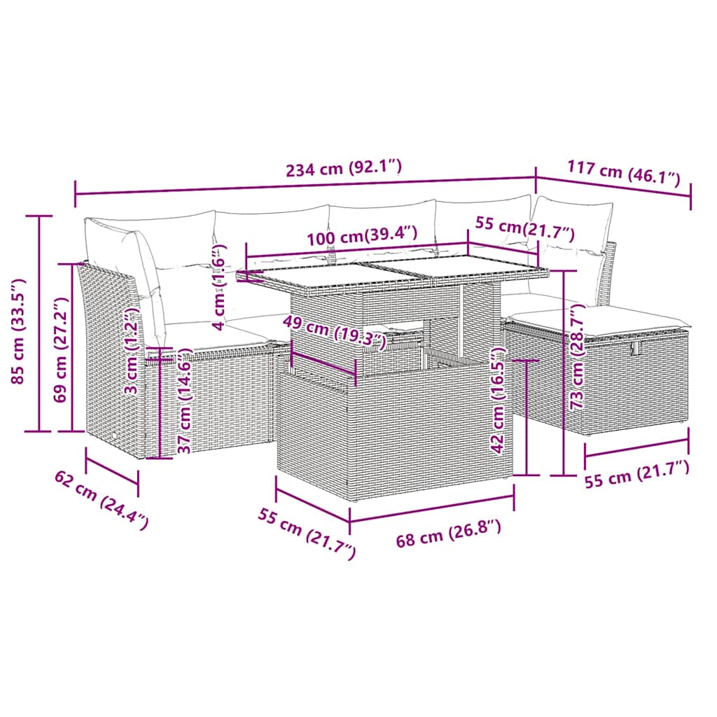 6-tlg. Garten-Sofagarnitur mit Kissen Braun Poly Rattan