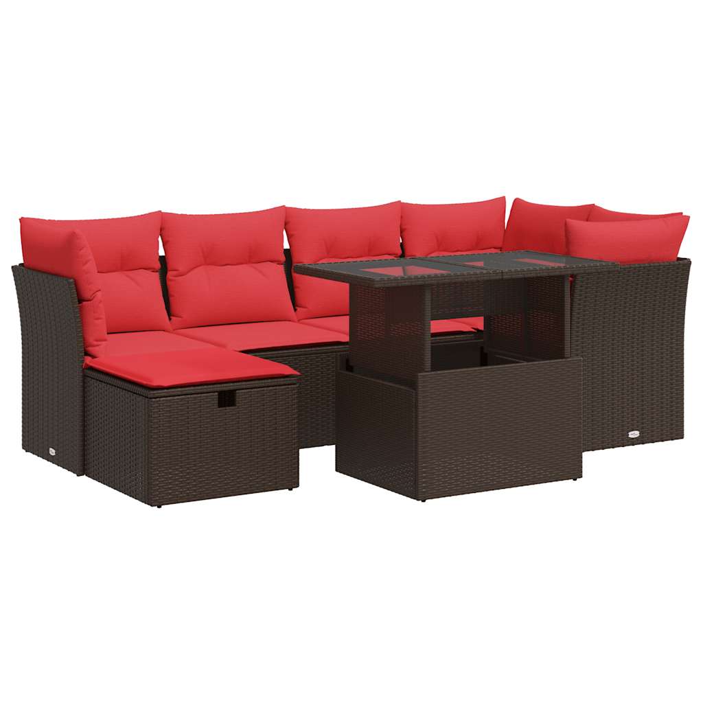 7-tlg. Garten-Sofagarnitur mit Kissen Braun Poly Rattan Akazie