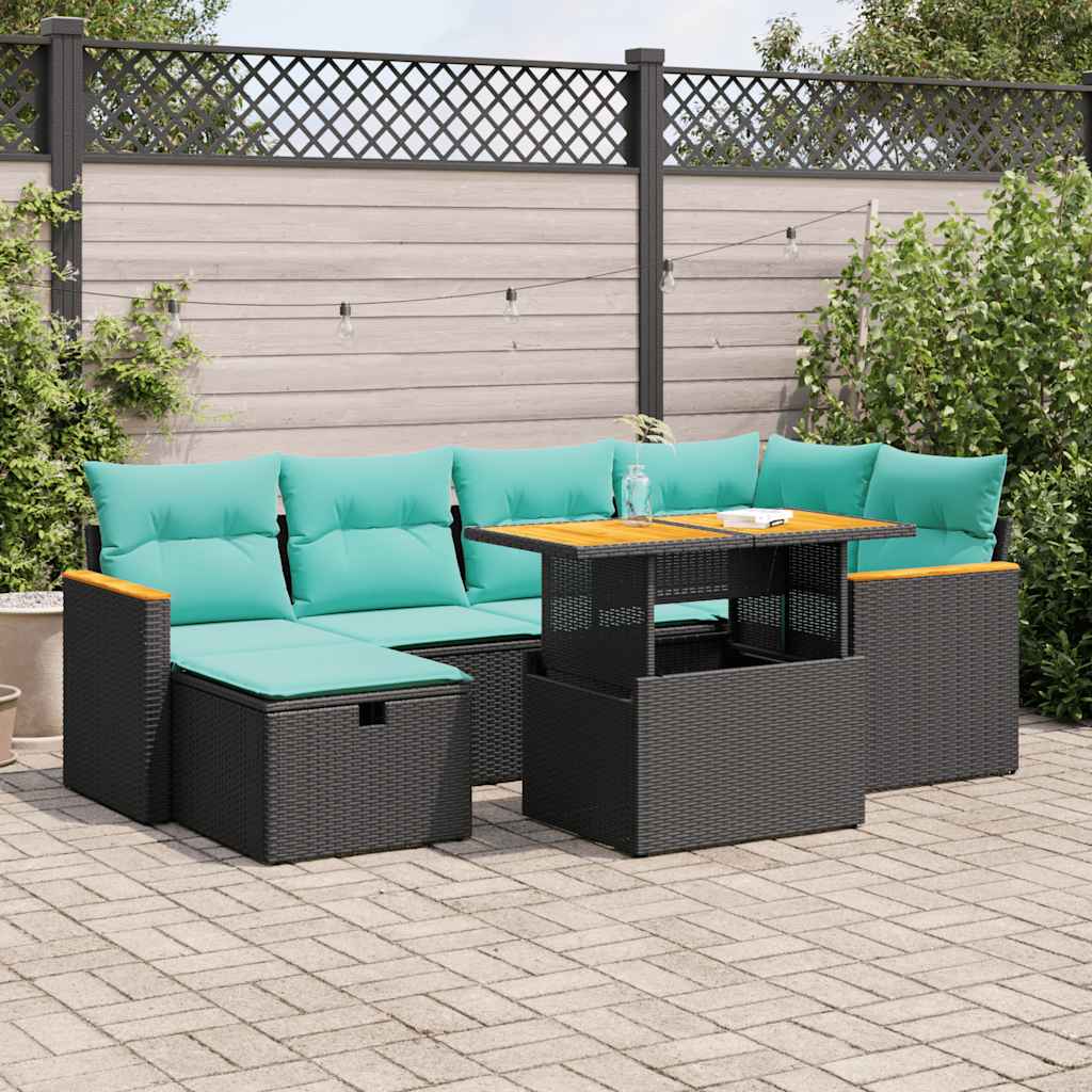 7-tlg. Garten-Sofagarnitur mit Kissen Braun Poly Rattan Akazie