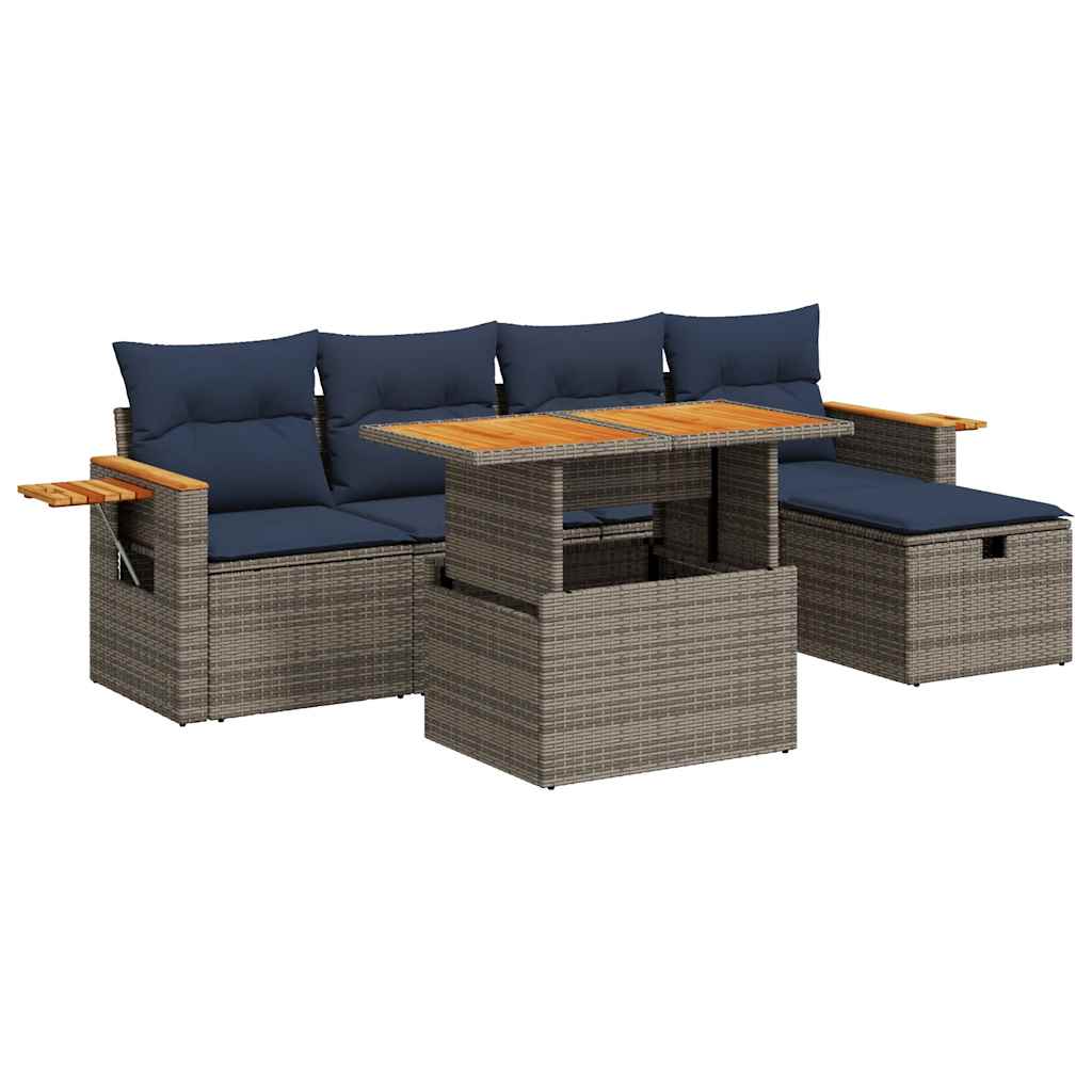6-tlg. Garten-Sofagarnitur mit Kissen Grau Poly Rattan Akazie