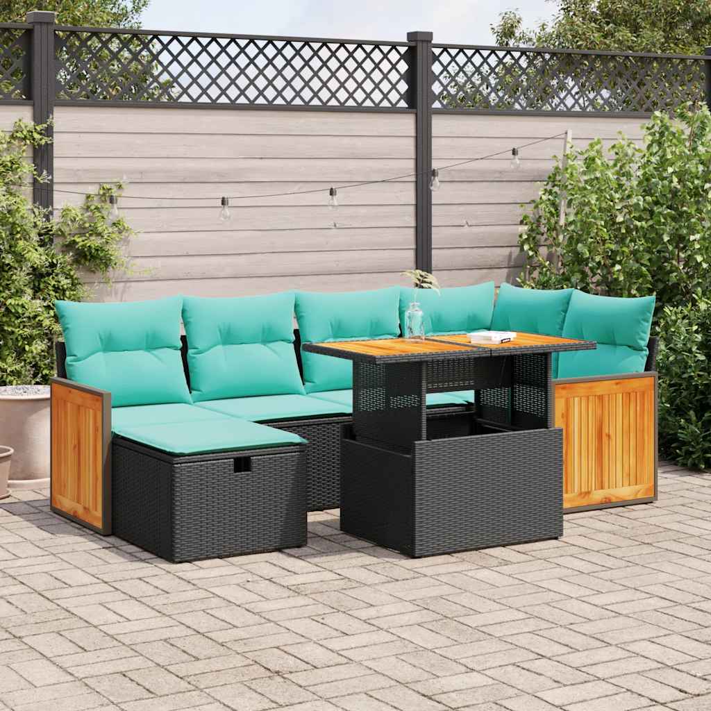 7-tlg. Garten-Sofagarnitur mit Kissen Braun Poly Rattan Akazie