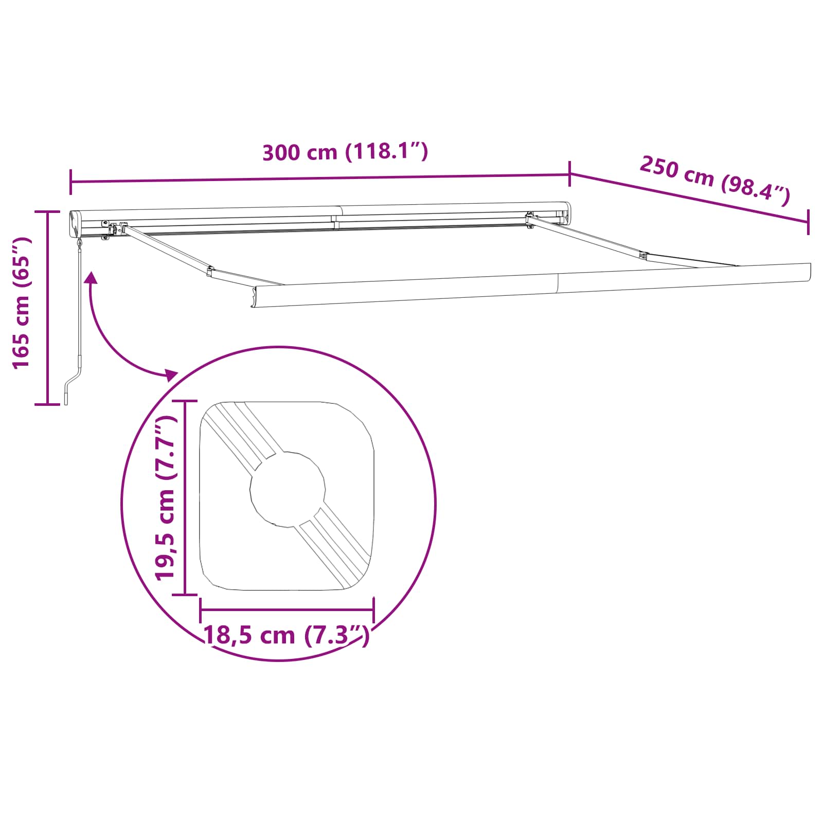 Einziehbare Markise Weiß 300 x 250 cm Stoff und Metall