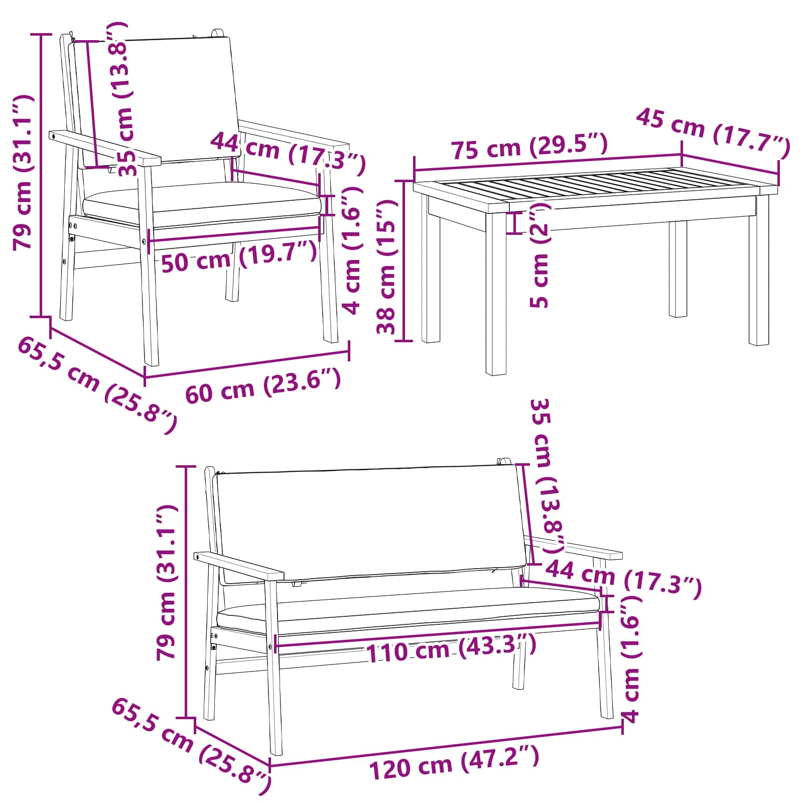 Gartensofa-set 4 pcs Braun 120 x 65,5 x 79 cm Massivholz Akazie
