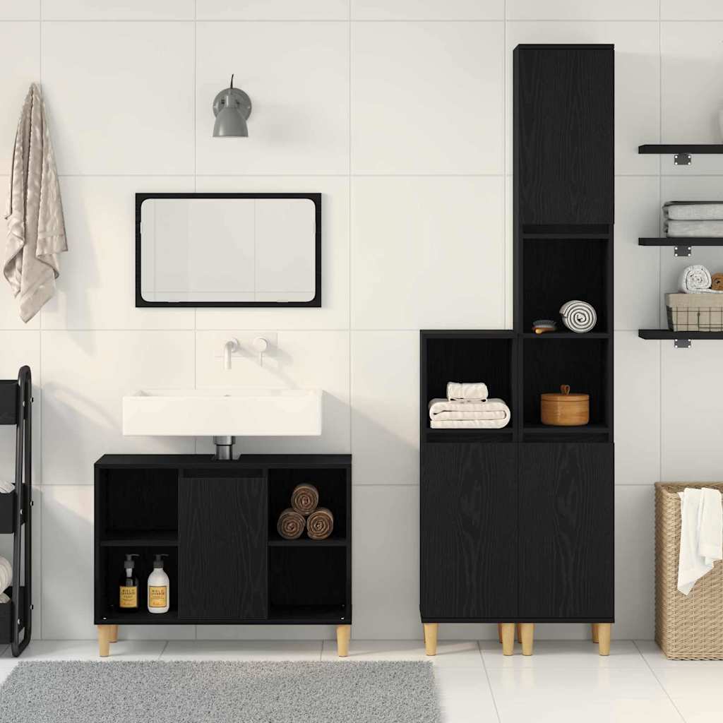 Badezimmermöbel-Set mit Speicher 3 pcs Schwarz Holzwerkstoff