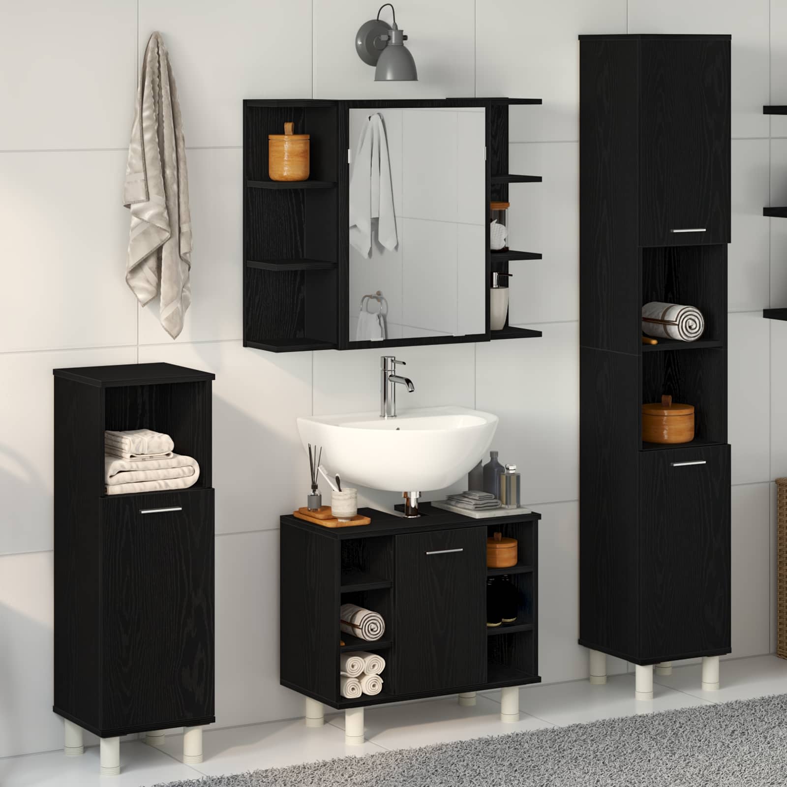 Badezimmermöbel-Set mit Regal 4 pcs Schwarz 30 x 30 x 179,5 cm