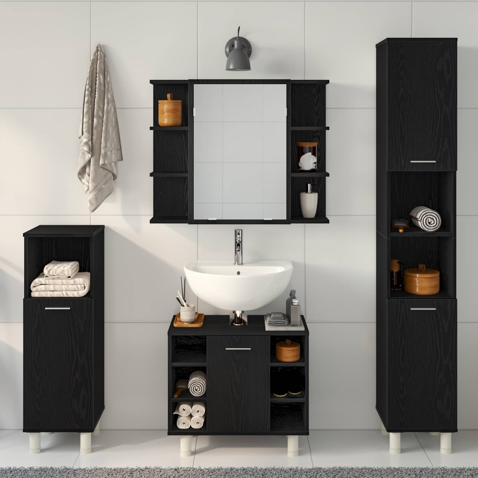 Badezimmermöbel-Set mit Regal 4 pcs Schwarz 30 x 30 x 179,5 cm