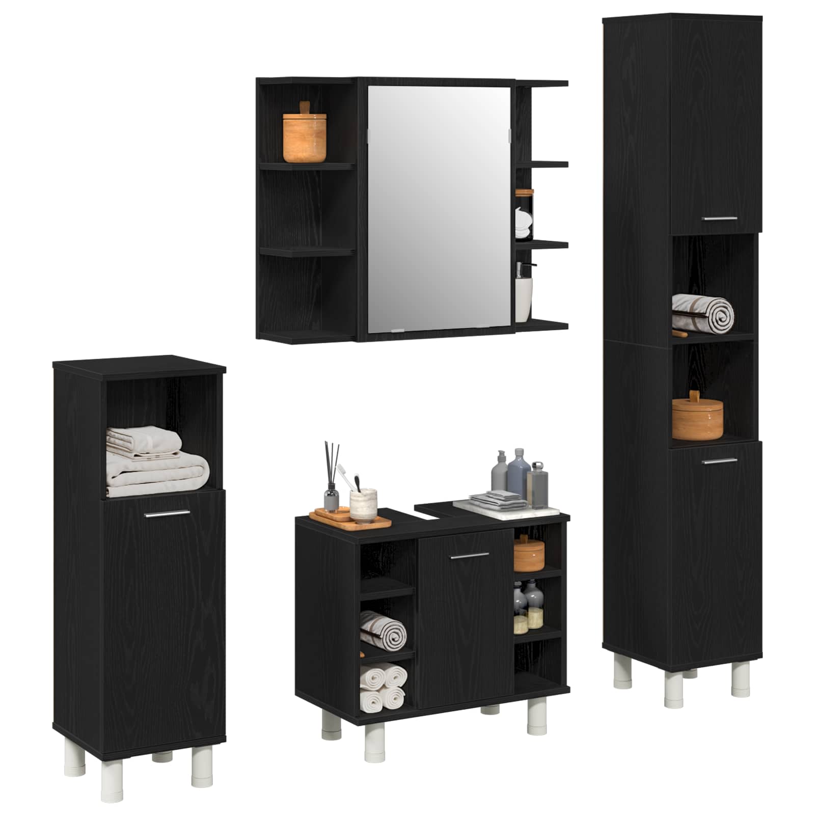 Badezimmermöbel-Set mit Regal 4 pcs Schwarz 30 x 30 x 179,5 cm