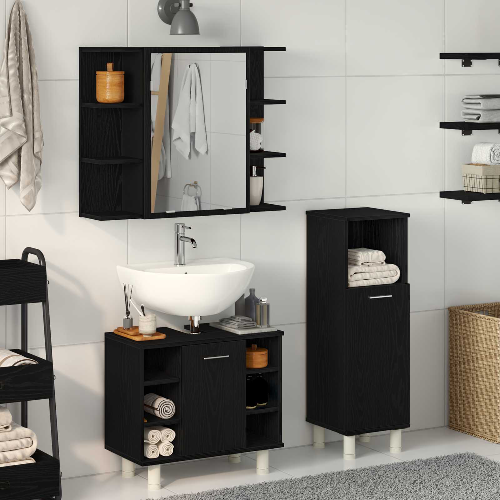 Badezimmermöbel-Set mit Regal 3 pcs Schwarz 30 x 30 x 99,5 cm
