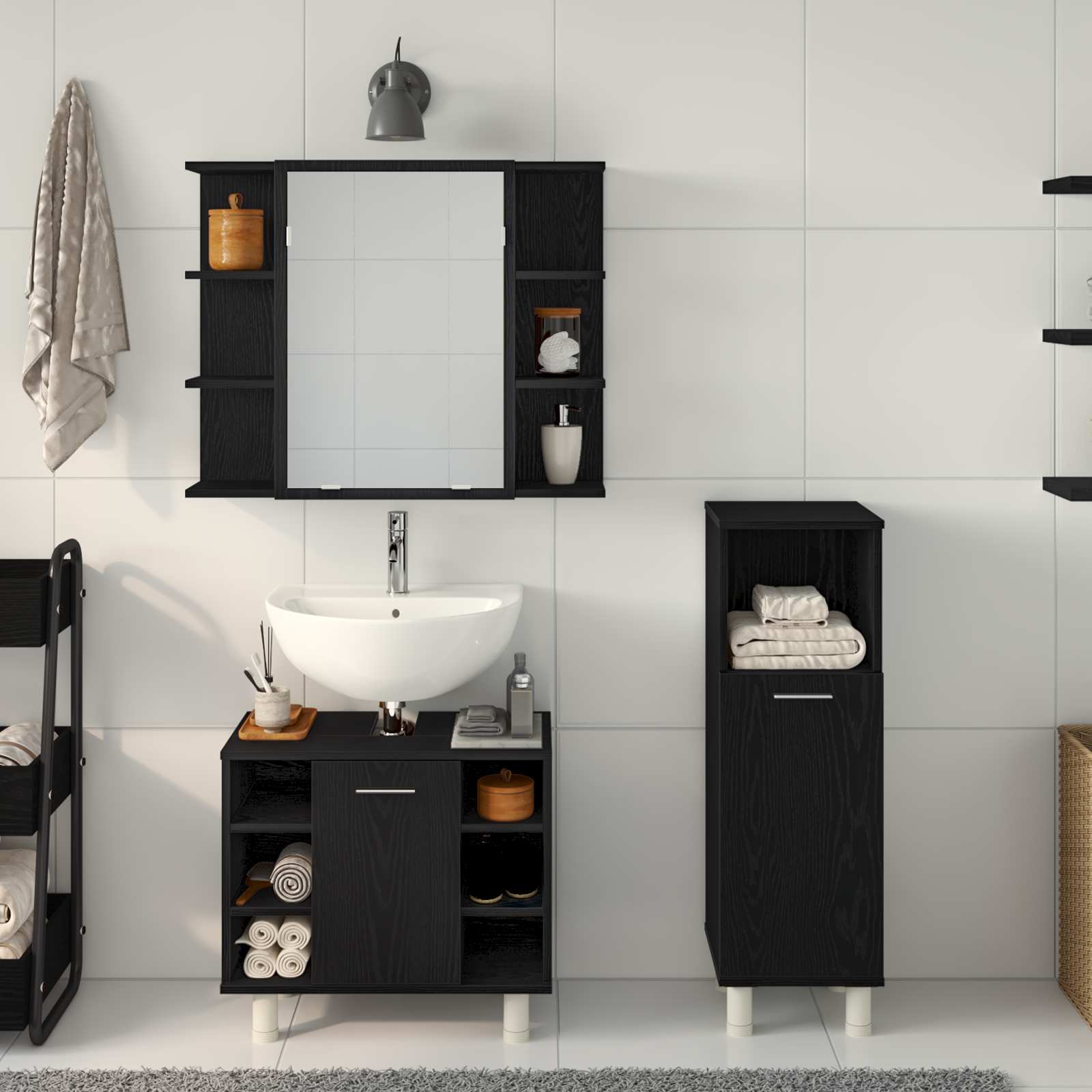 Badezimmermöbel-Set mit Regal 3 pcs Schwarz 30 x 30 x 99,5 cm