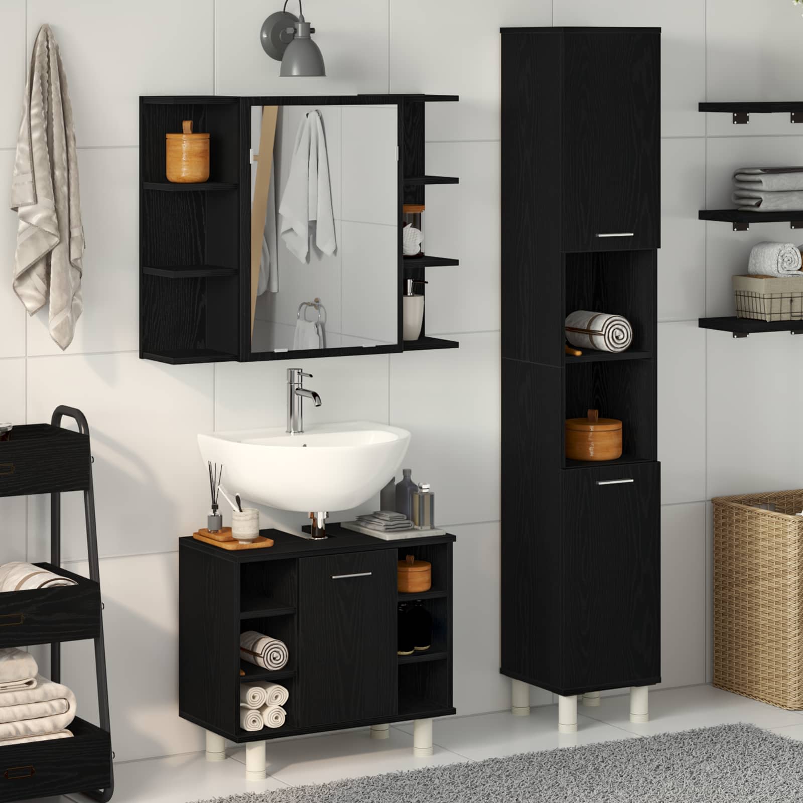 Badezimmermöbel-Set mit Regal 3 pcs Schwarz 30 x 30 x 179,5 cm