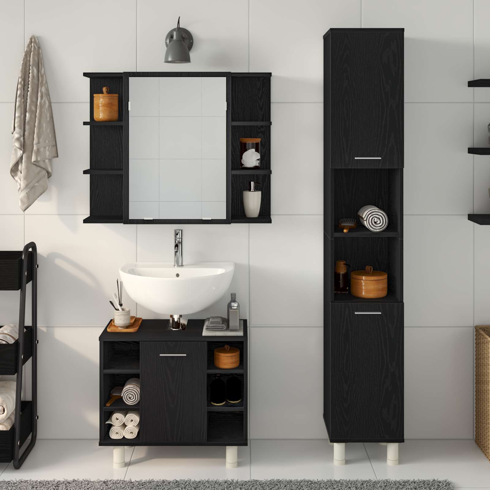 Badezimmermöbel-Set mit Regal 3 pcs Schwarz 30 x 30 x 179,5 cm