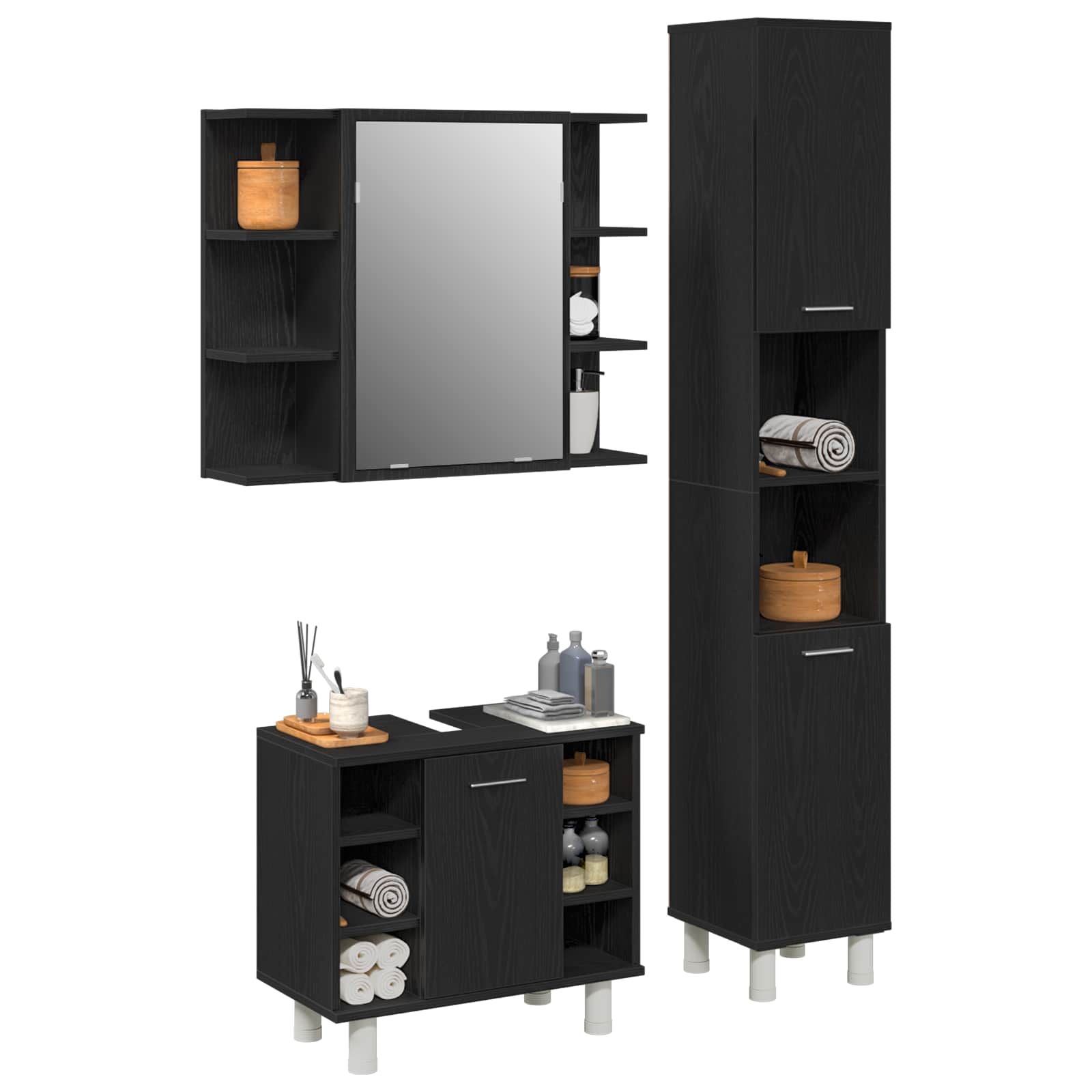 Badezimmermöbel-Set mit Regal 3 pcs Schwarz 30 x 30 x 179,5 cm
