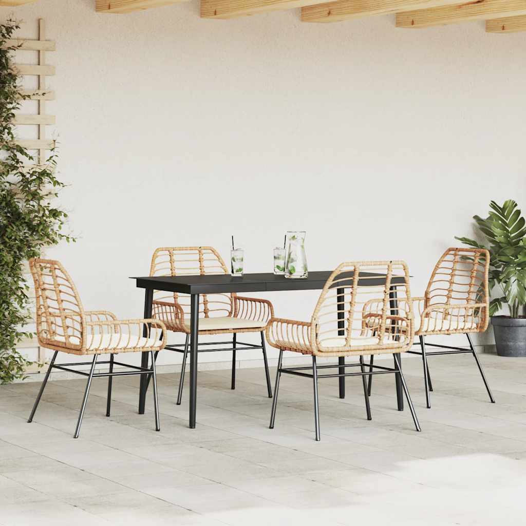 5-tlg. Garten-Essgruppe mit Kissen Braun Poly Rattan Glas