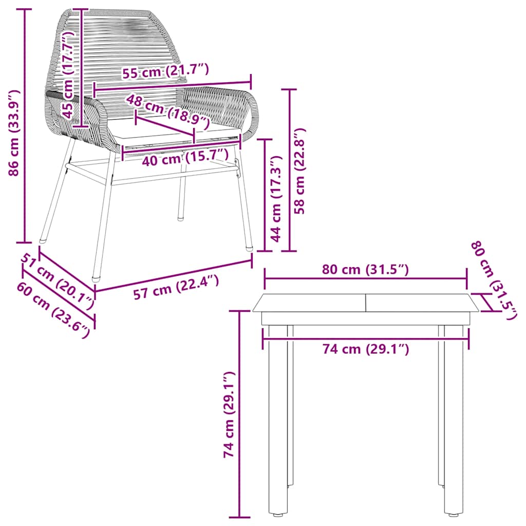 3-tlg. Garten-Essgruppe mit Kissen Schwarz Poly Rattan Glas