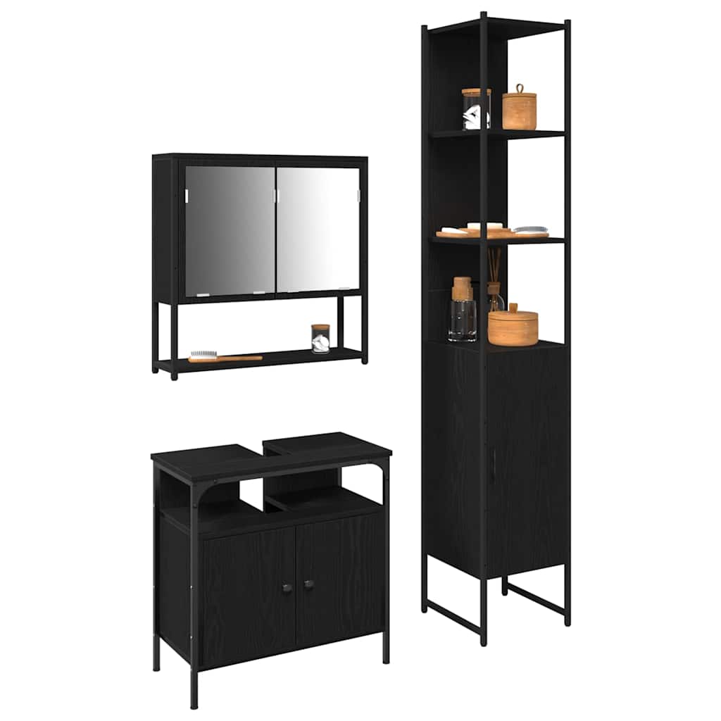 Badezimmermöbel-Set 3 pcs Schwarz Eichen-Optik Holzwerkstoff