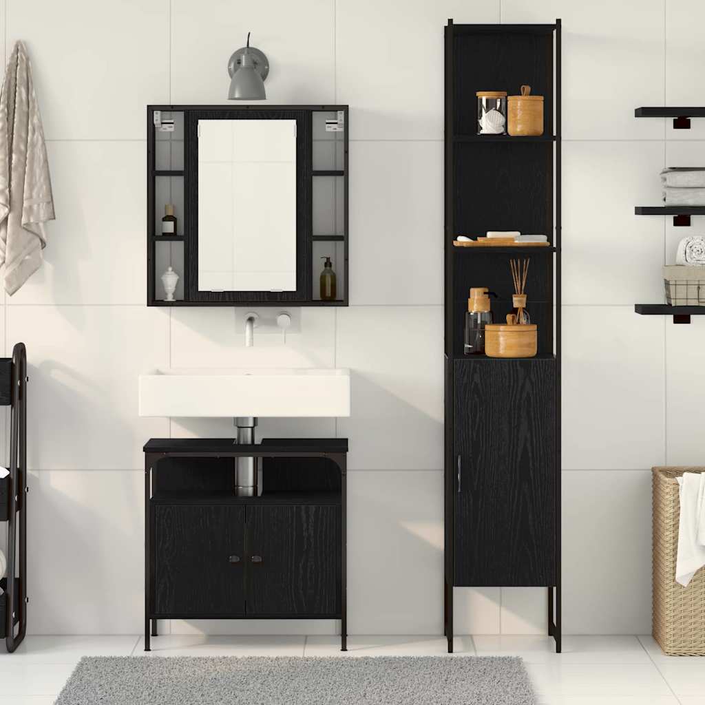Badezimmermöbel-Set 3 pcs Schwarz Eichen-Optik Holzwerkstoff