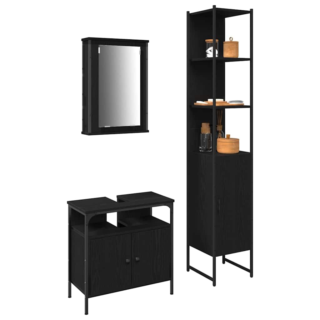 Badezimmermöbel-Set 3 pcs Schwarz Eichen-Optik Holzwerkstoff