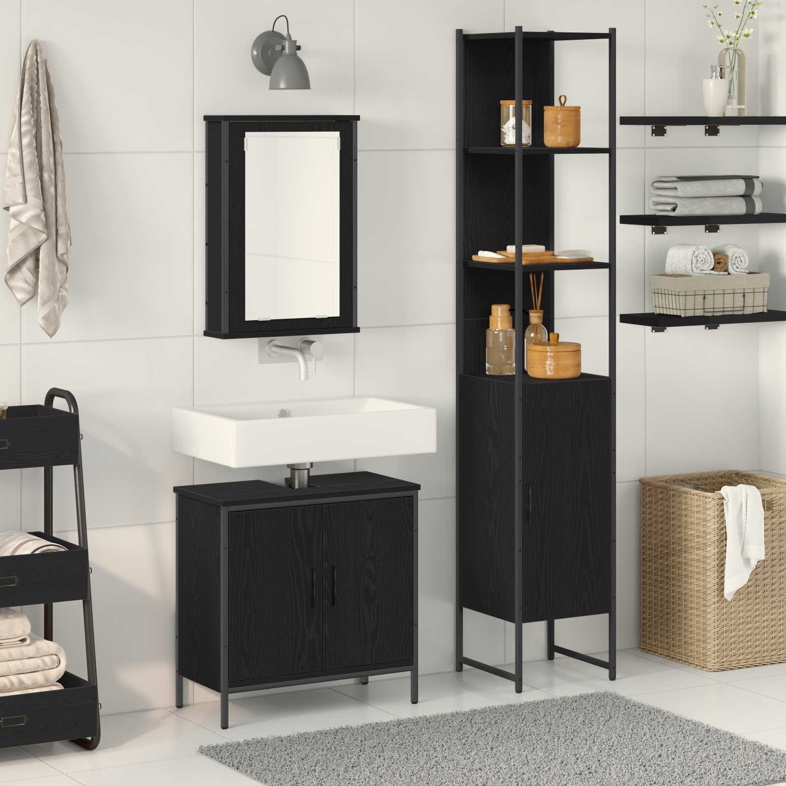 Badezimmermöbel-Set mit Regal 3 pcs Schwarz Holzwerkstoff