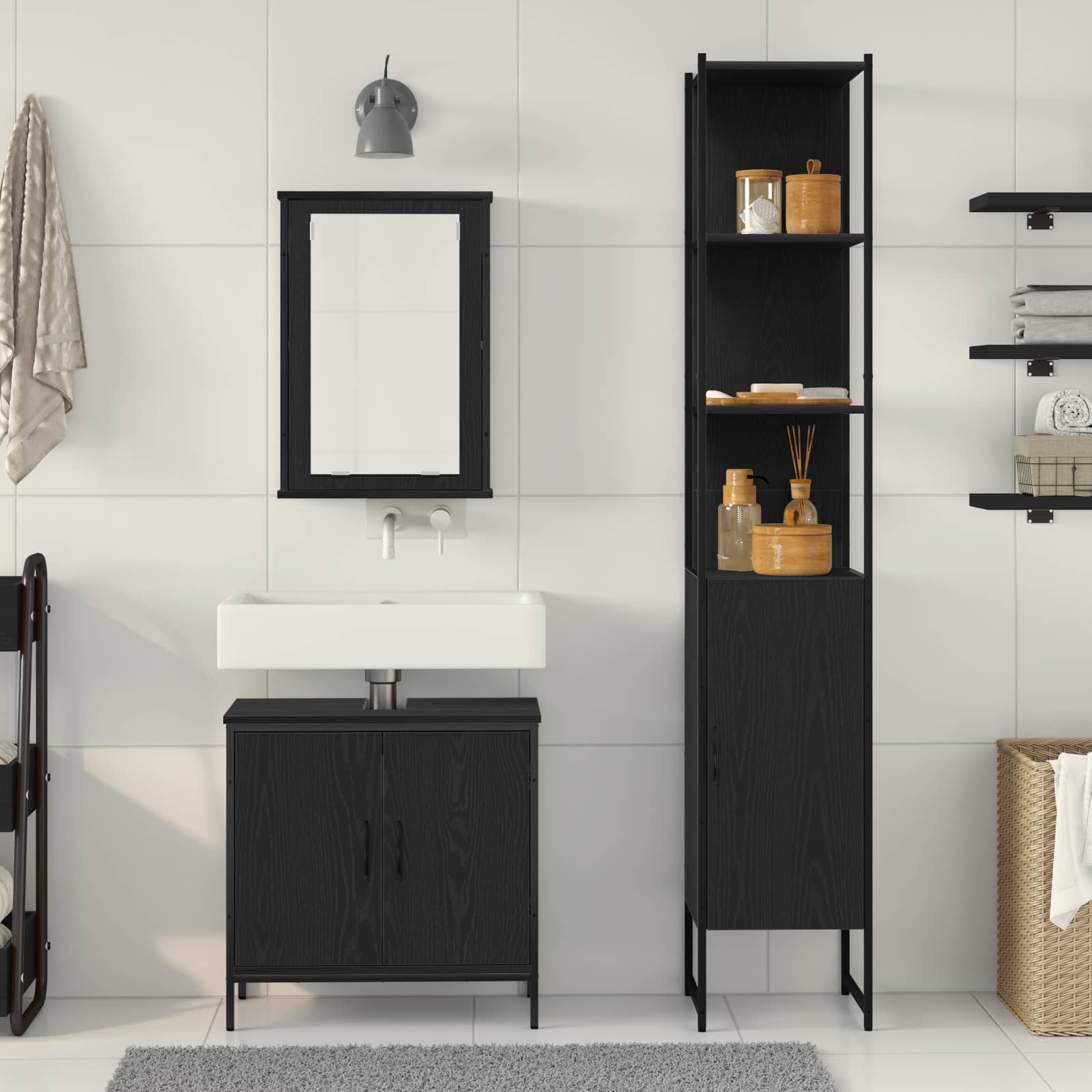 Badezimmermöbel-Set mit Regal 3 pcs Schwarz Holzwerkstoff