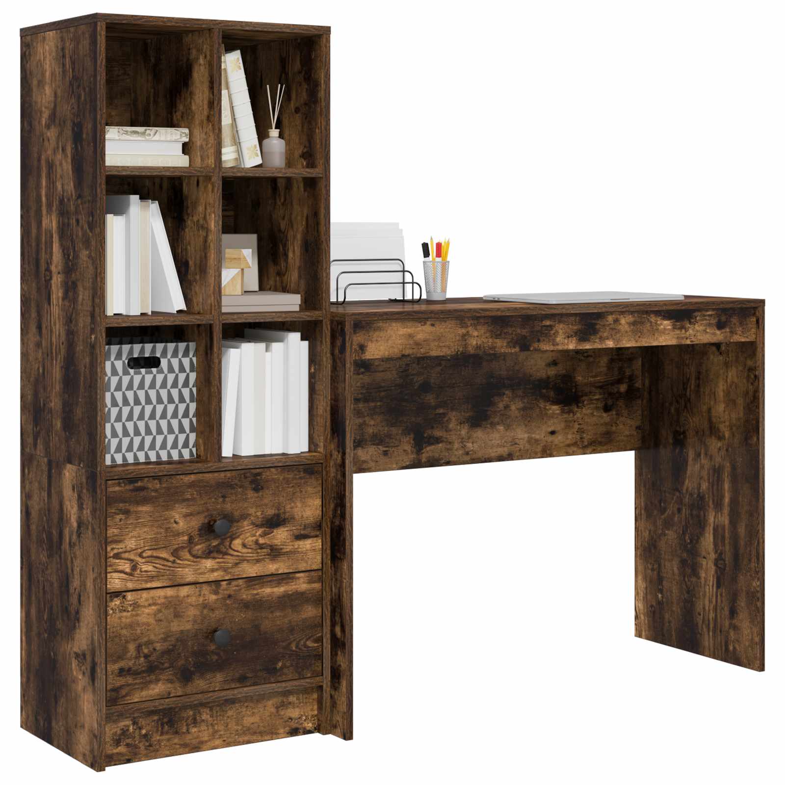 Schreibtisch mit Schubladen mit Regal 2 pcs Geräucherte Eiche