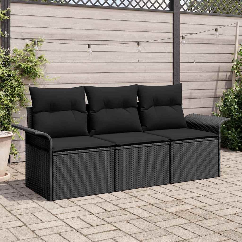 Sofa Set mit Kissen 3 pcs Schwarz Poly-Rattan
