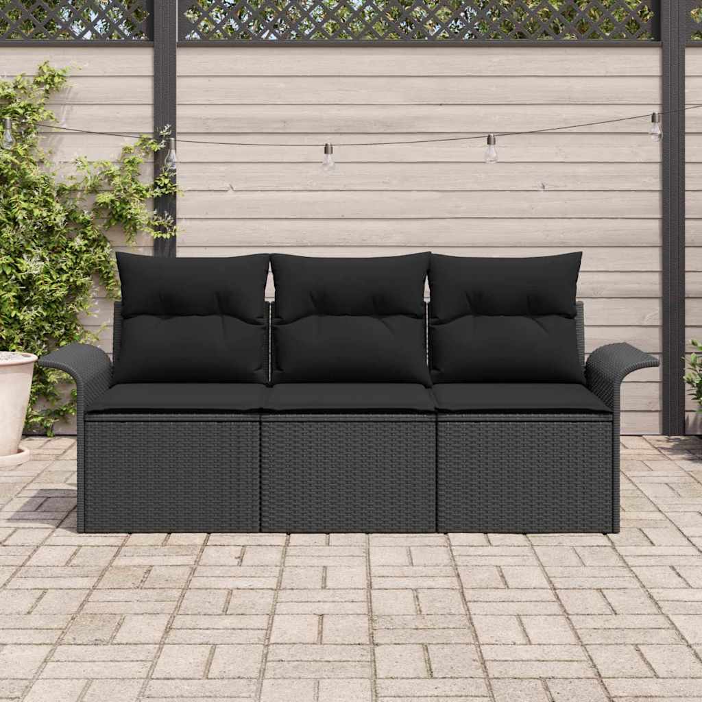 Sofa Set mit Kissen 3 pcs Schwarz Poly-Rattan