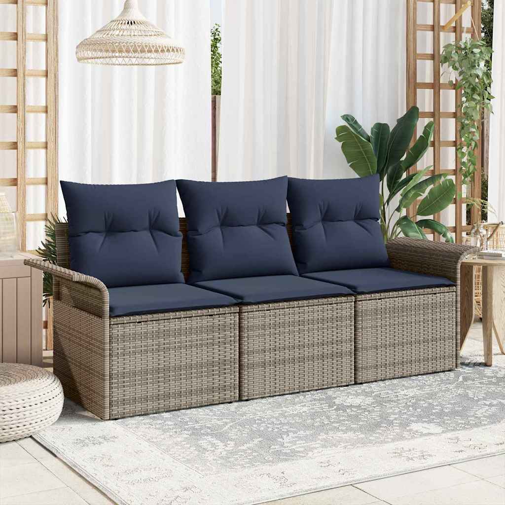 Sofa Set mit Kissen 3 pcs Grau und Marineblau Poly-Rattan