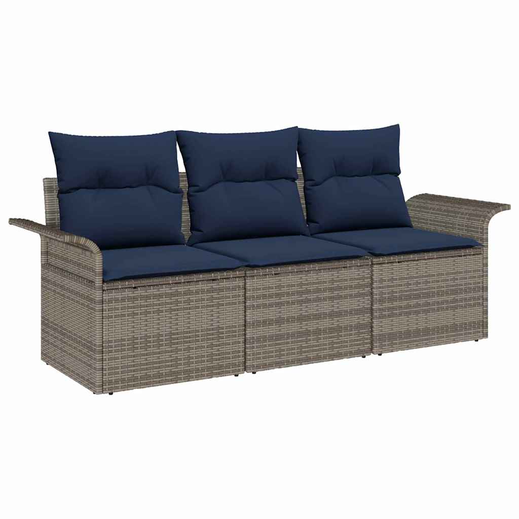 Sofa Set mit Kissen 3 pcs Grau und Marineblau Poly-Rattan