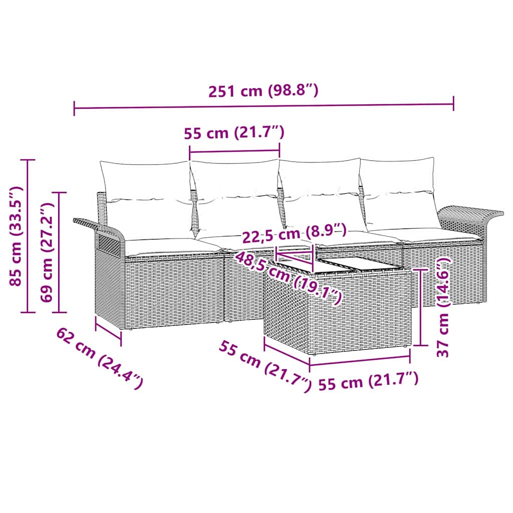 Sofa Set mit Kissen 5 pcs Braun Poly-Rattan