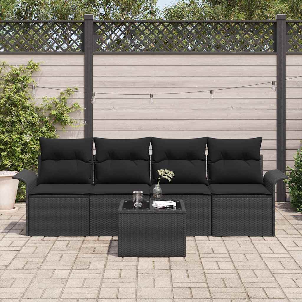 Sofa Set mit Kissen 5 pcs Schwarz Poly-Rattan