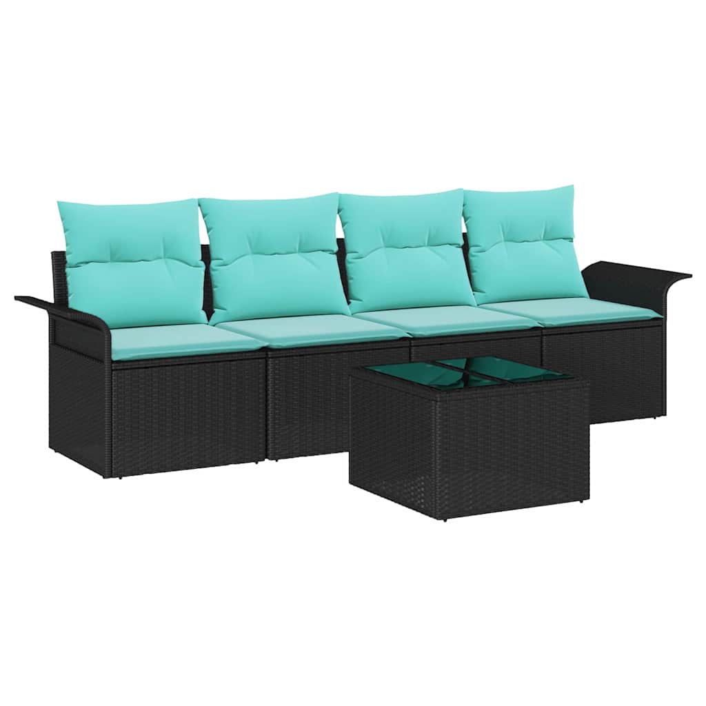 Sofa Set mit Kissen 5 pcs Schwarz Poly-Rattan