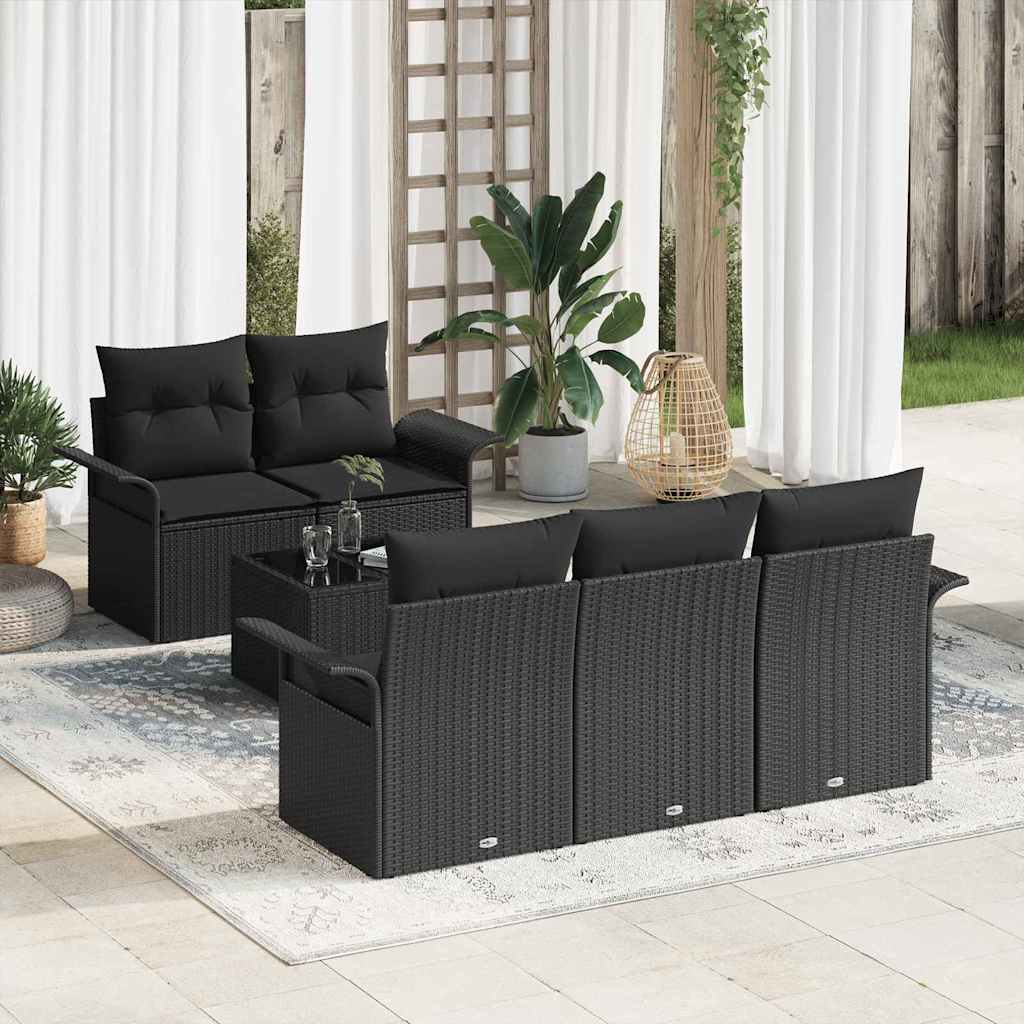 Sofa Set mit Kissen 6 pcs Schwarz Poly-Rattan