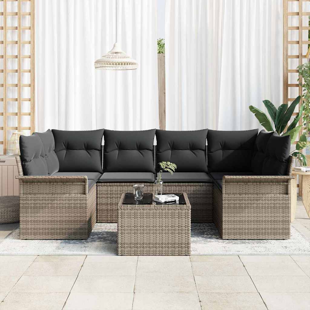 Gartensofa-set mit Kissen 7 pcs Grau Poly-Rattan