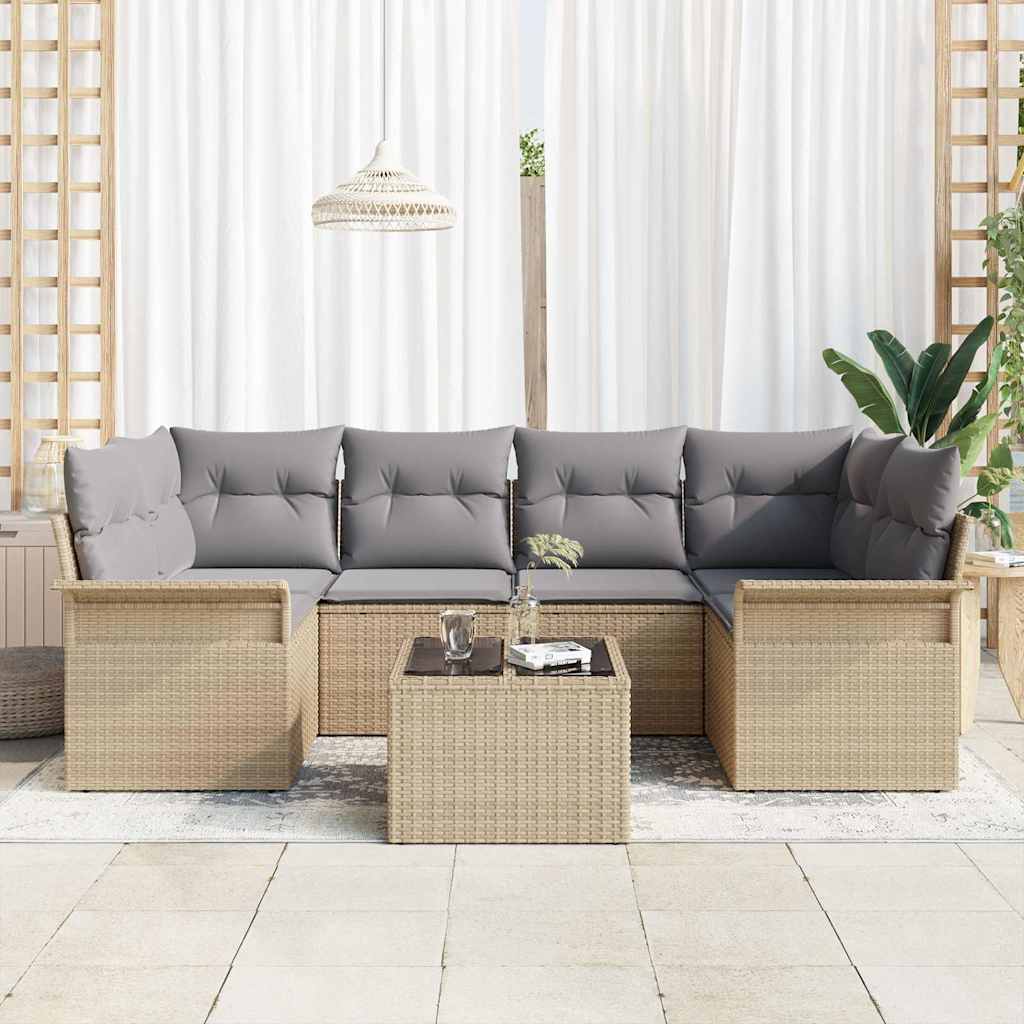 Gartensofa-set mit Kissen 7 pcs Beige Poly-Rattan
