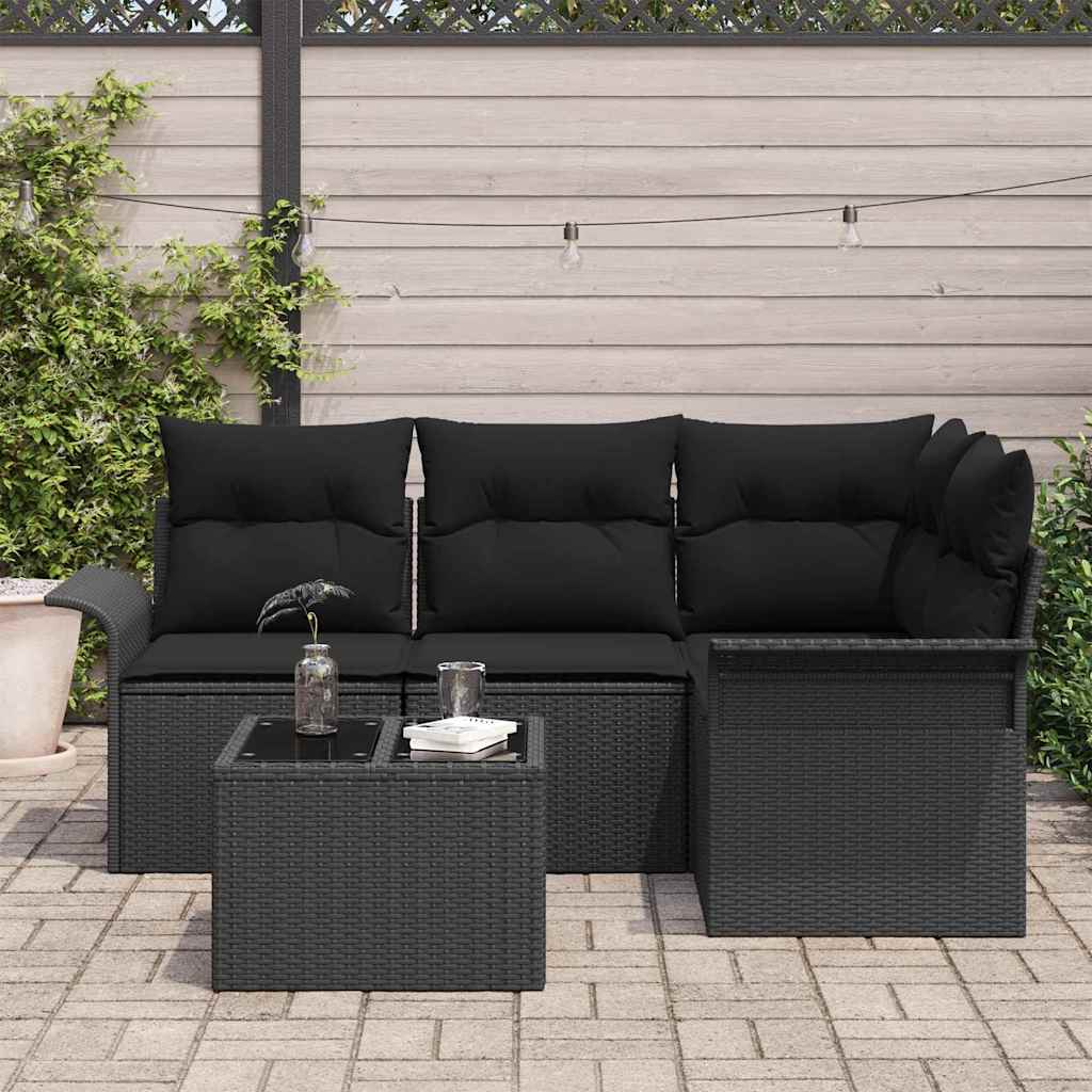 Gartensofa-set mit Kissen 5 pcs Schwarz Poly-Rattan