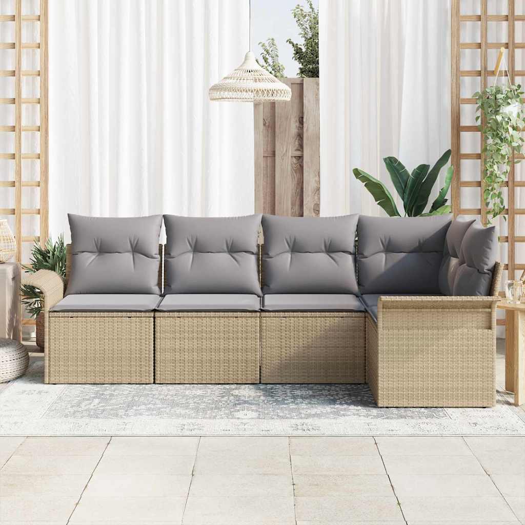 Gartensofa-set mit Kissen 5 pcs Beige Poly-Rattan