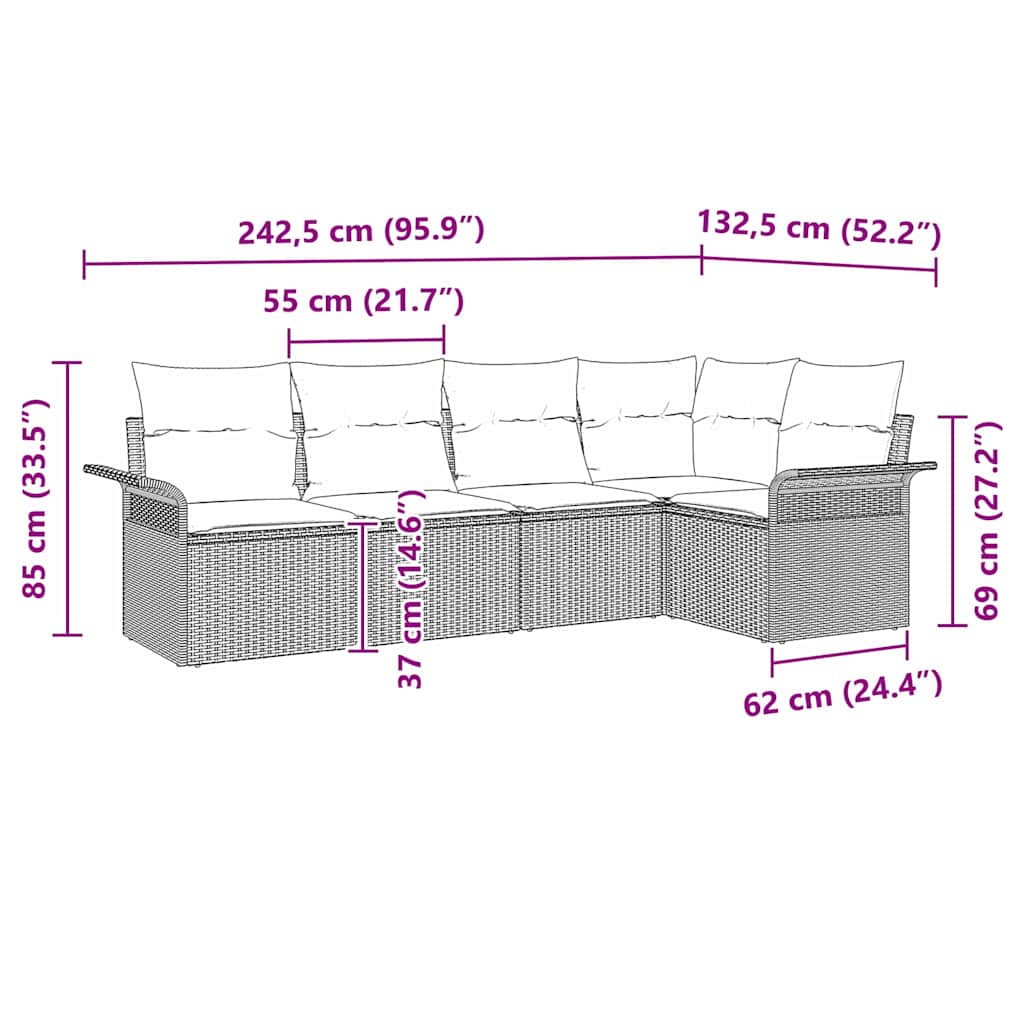 Gartensofa-set mit Kissen 5 pcs Beige Poly-Rattan