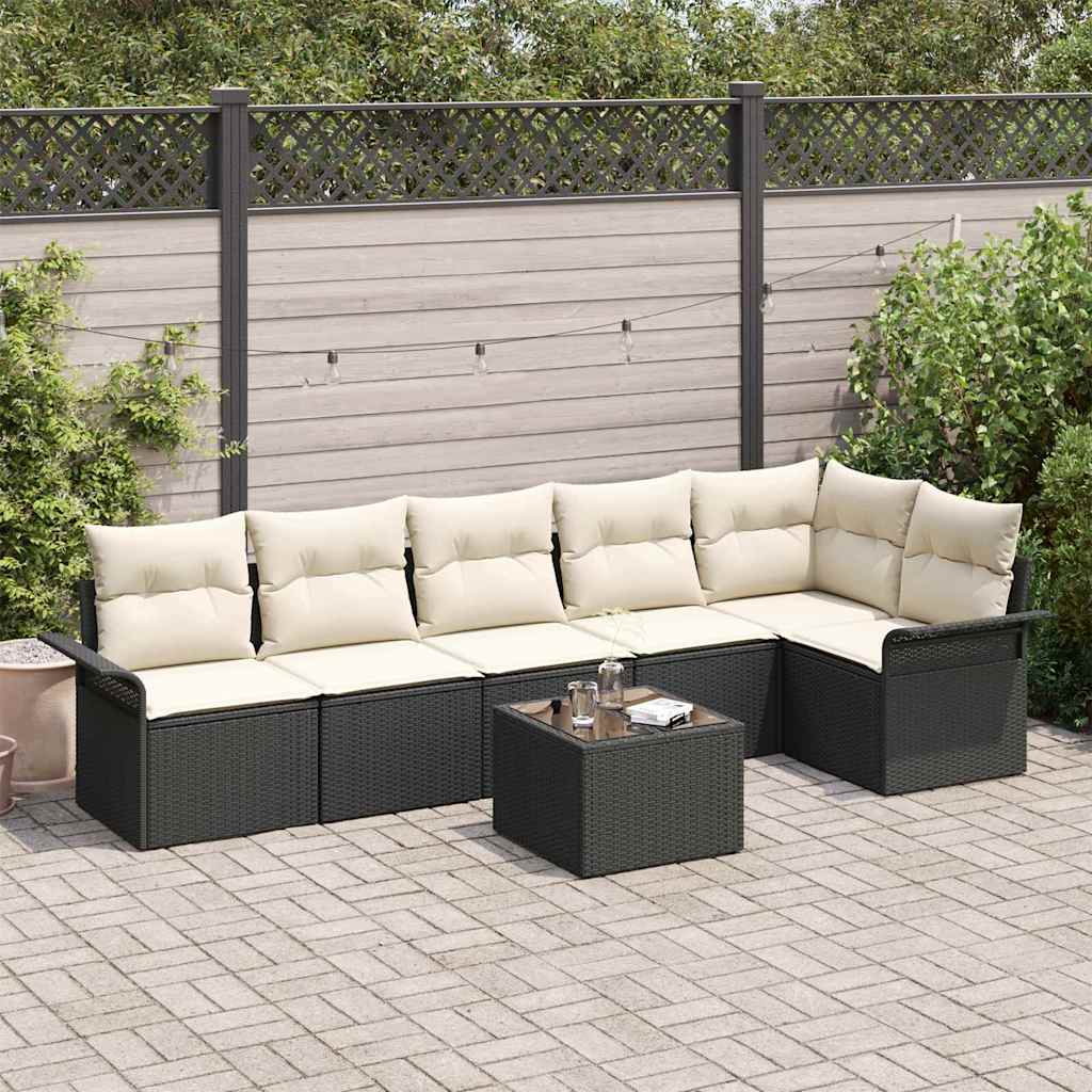 Gartensofa-set mit Kissen 7 pcs Schwarz Poly-Rattan