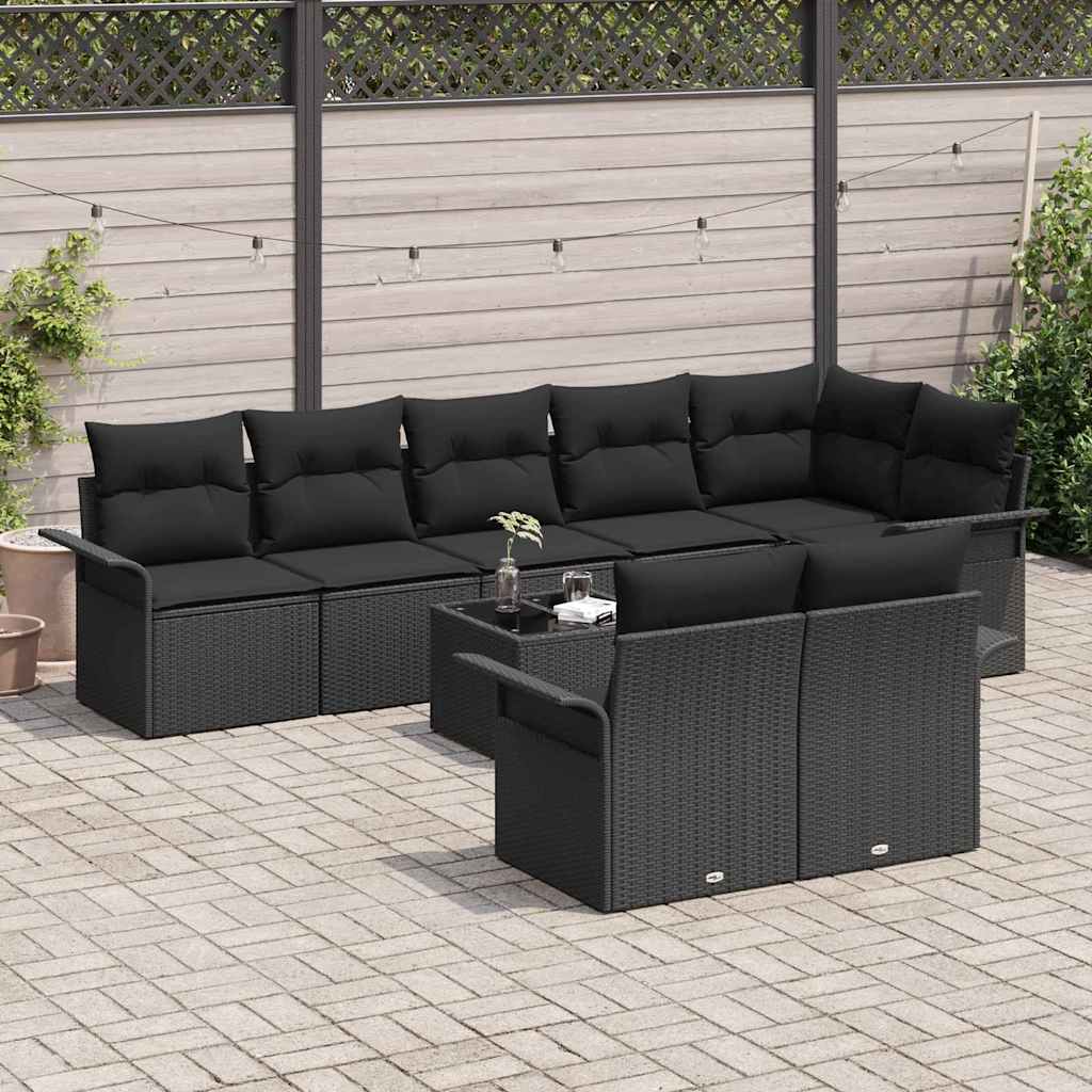 Gartensofa-set mit Kissen 9 pcs Schwarz Poly-Rattan