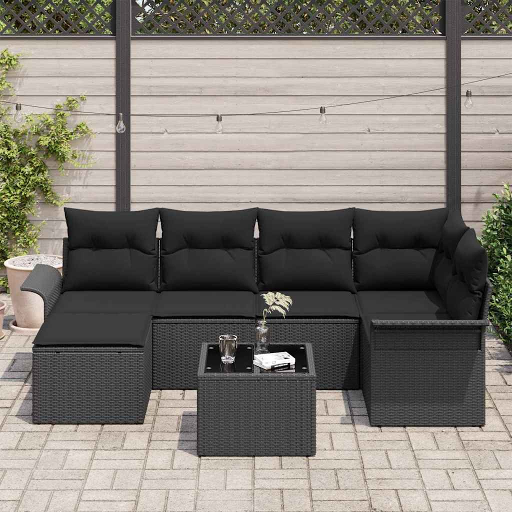 Gartensofa-set mit Kissen 7 pcs Schwarz Poly-Rattan