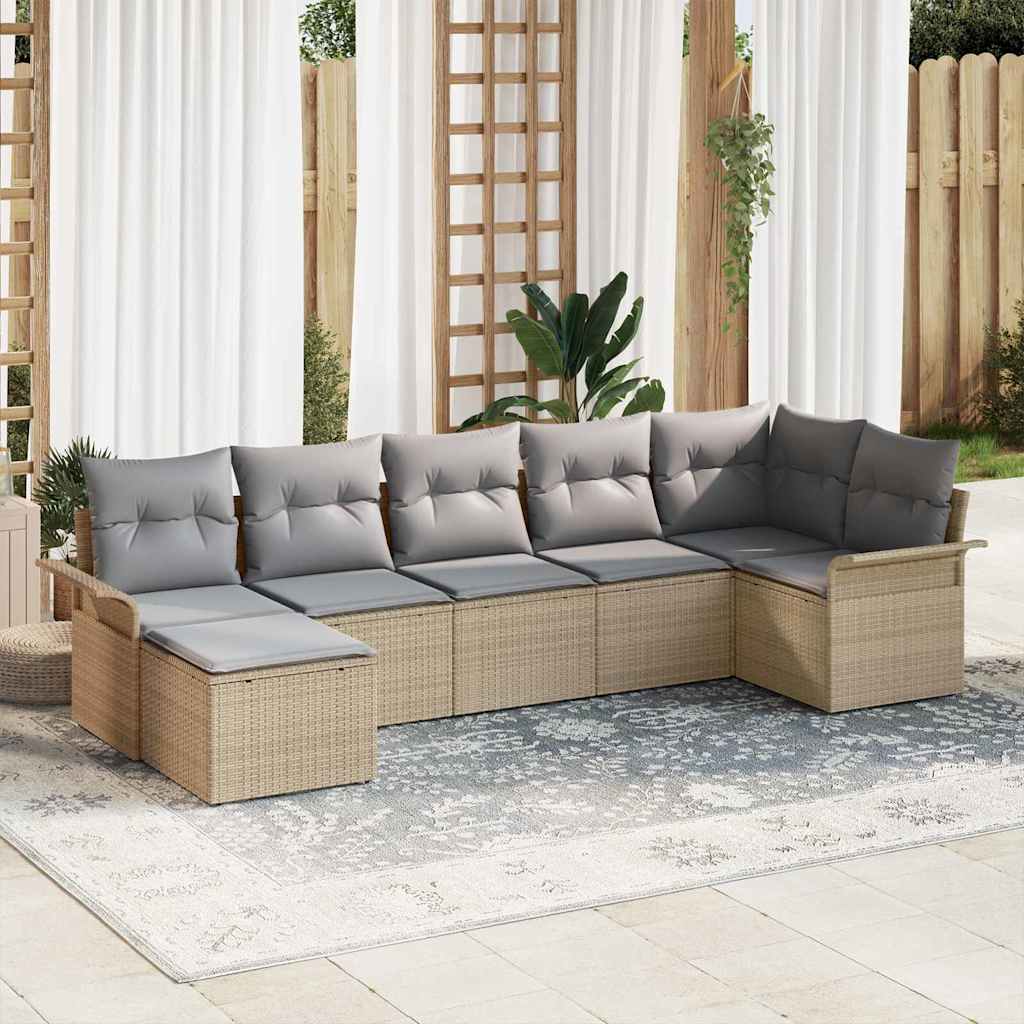 Gartensofa-set mit Kissen 7 pcs Beige Poly-Rattan
