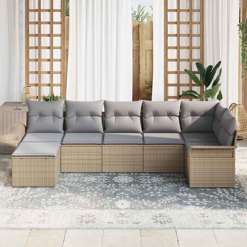 Gartensofa-set mit Kissen 7 pcs Beige Poly-Rattan