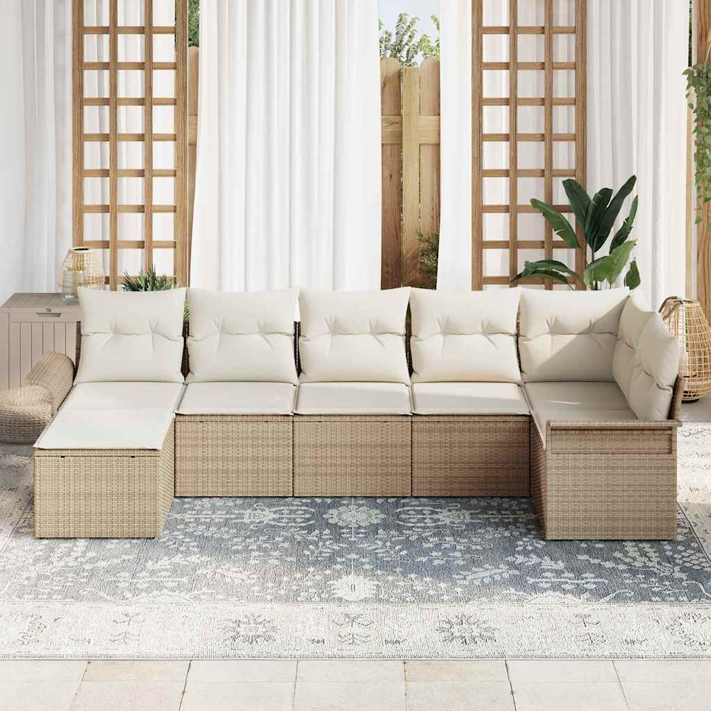 Gartensofa-set mit Kissen 7 pcs Beige Poly-Rattan
