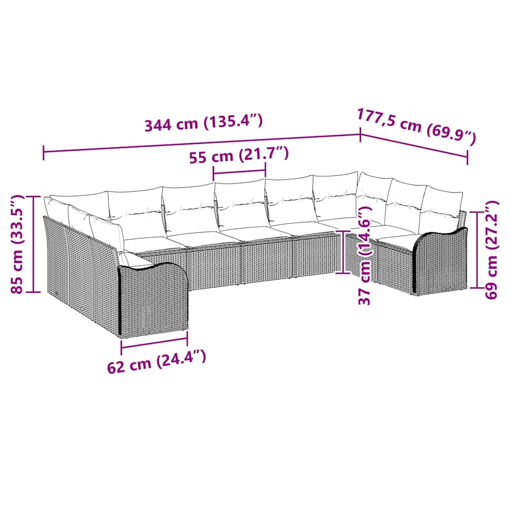 Gartensofa-set Schwarz 344 x 177,5 x 85 cm Poly-Rattan