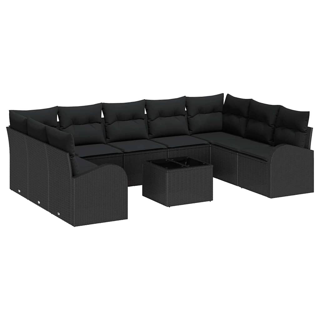 Sofa Set mit Kissen 10 pcs Schwarz Poly Rattan