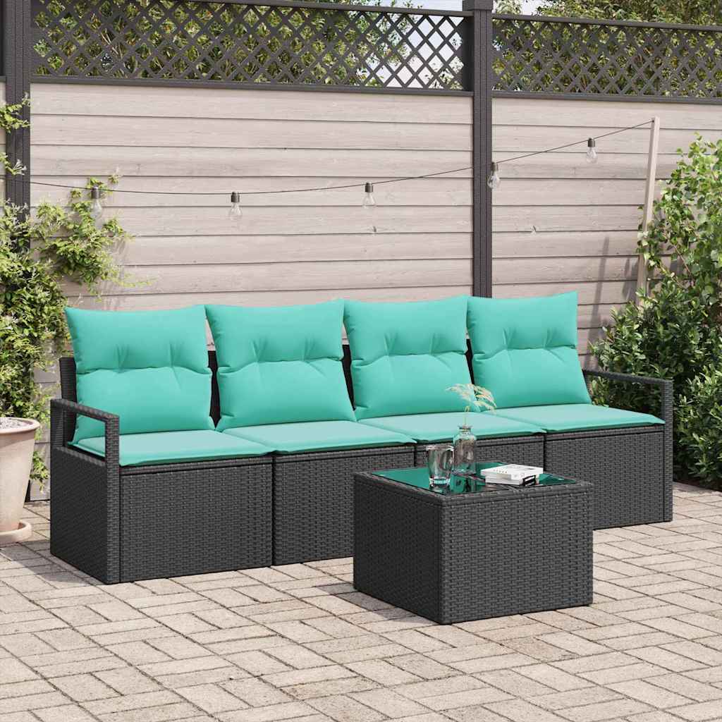 Sofa Set 5 pcs Schwarz und Türkis Poly-Rattan