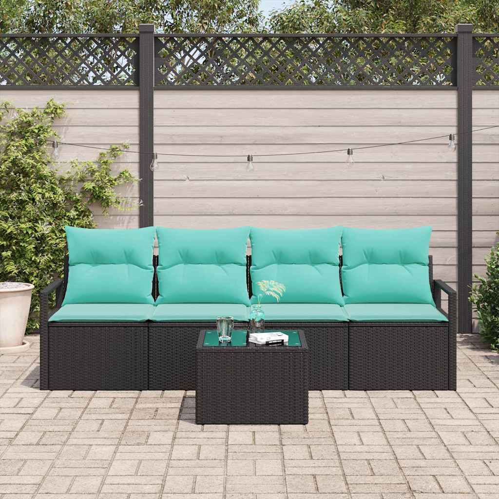 Sofa Set 5 pcs Schwarz und Türkis Poly-Rattan