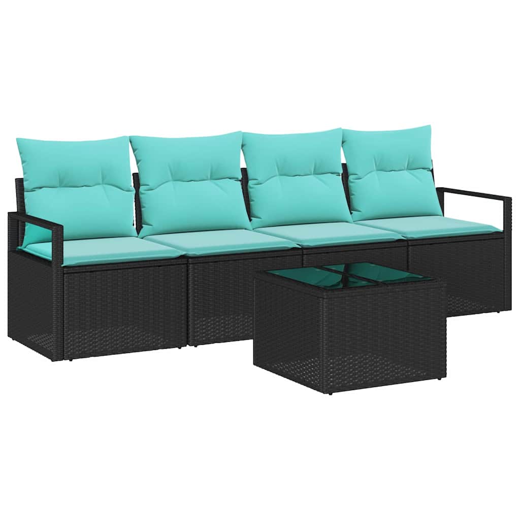 Sofa Set 5 pcs Schwarz und Türkis Poly-Rattan