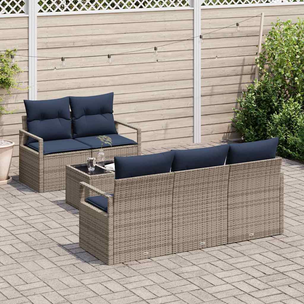 Sofa Set 6 pcs Grau und Marineblau Poly-Rattan